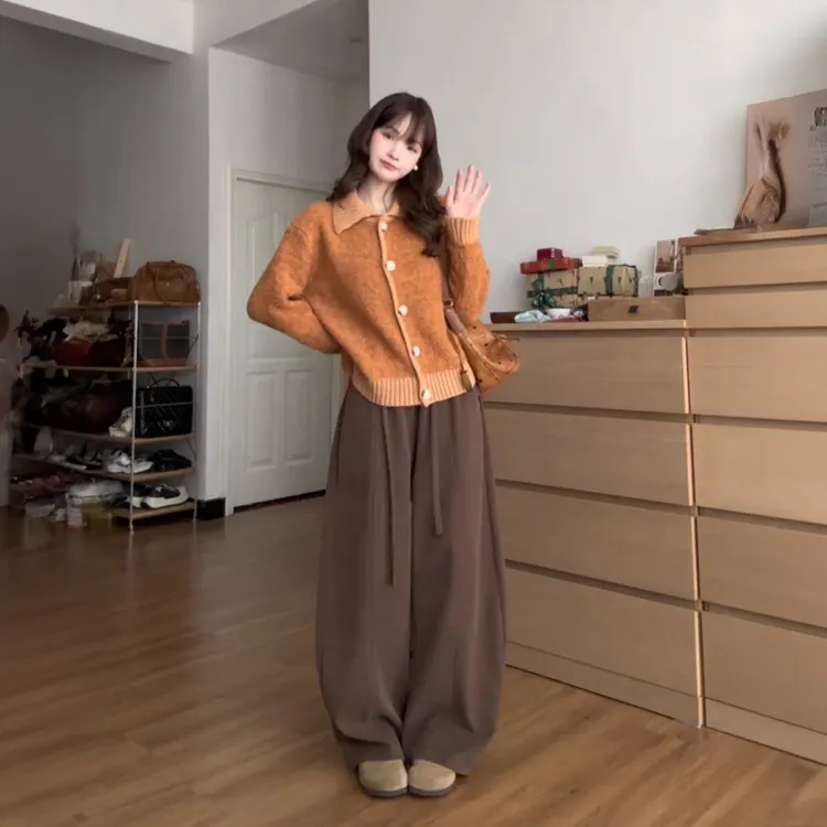 Jiuzun wangfei/玖尊王妃咖色休闲裤子秋冬款女新款宽松阔腿裤