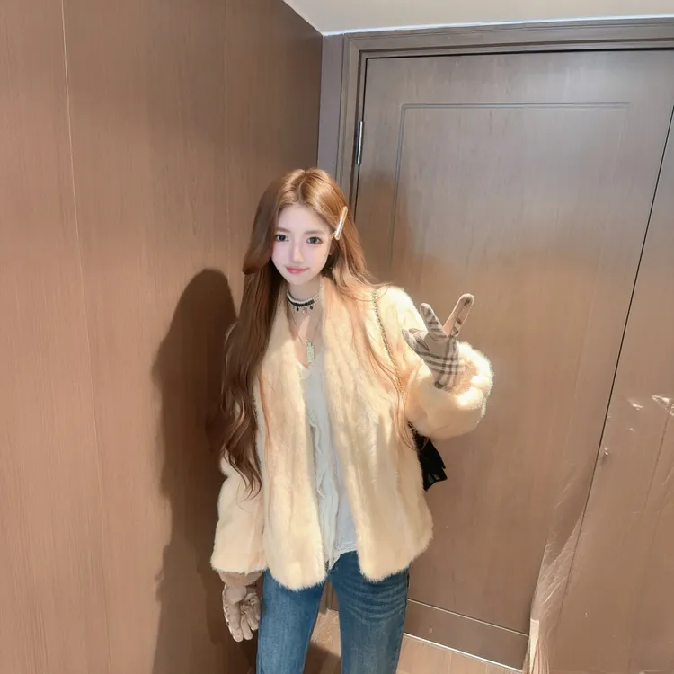 人造皮草  2025秋冬新款高级感仿抽刀貂环保皮草V领短款毛毛外套