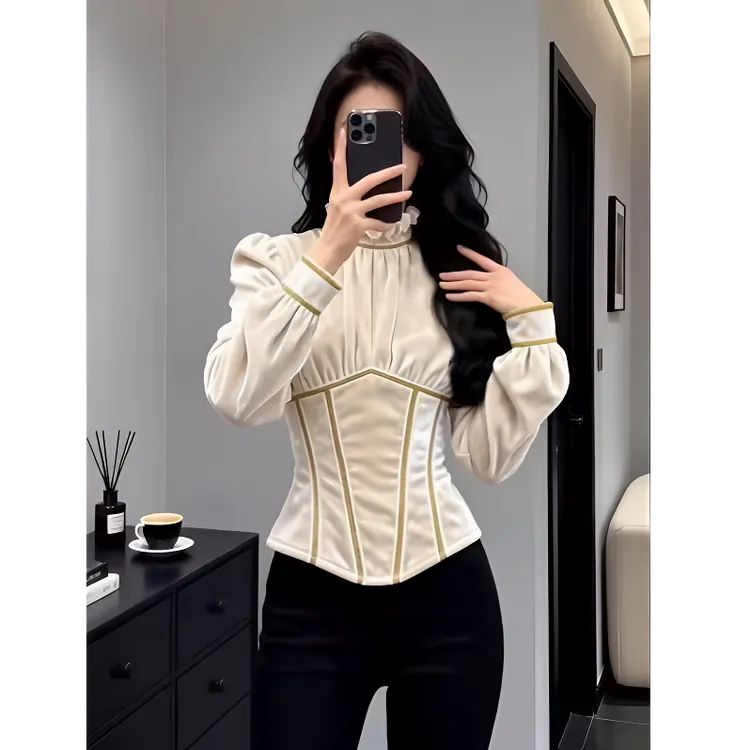 轻奢白色立领花边长袖收腰衬衫女2025冬季新款显瘦上衣设计感法式