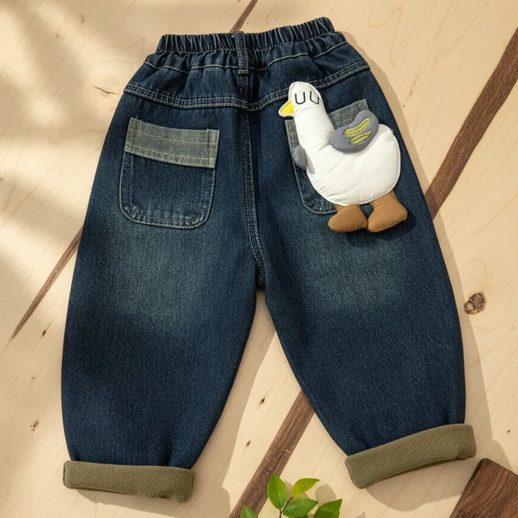 儿童加绒牛仔裤新款冬装男童韩版小童洋气卡通冬季宝宝加厚长裤子