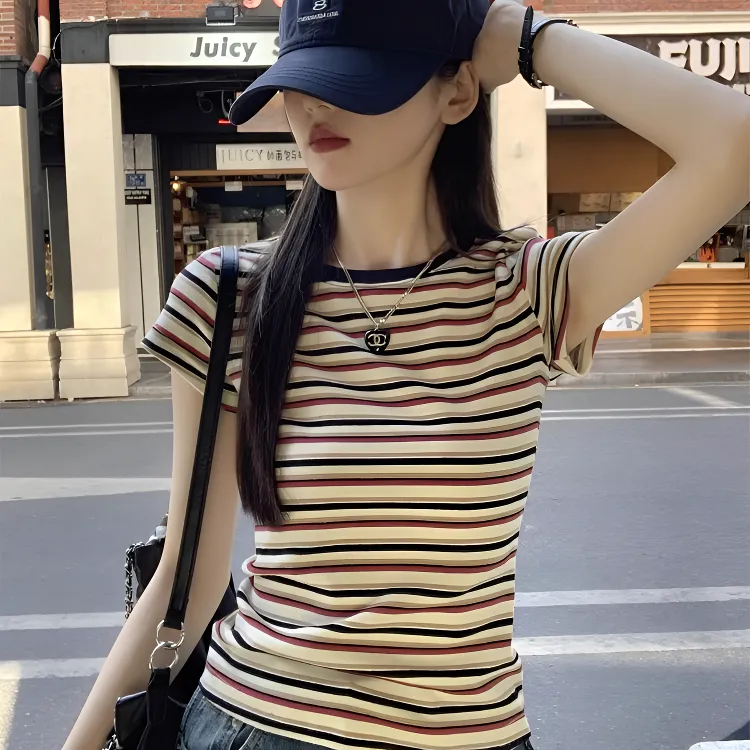 美式复古chic条纹T恤女夏季撞色设计感减龄修身打底上衣正肩短袖