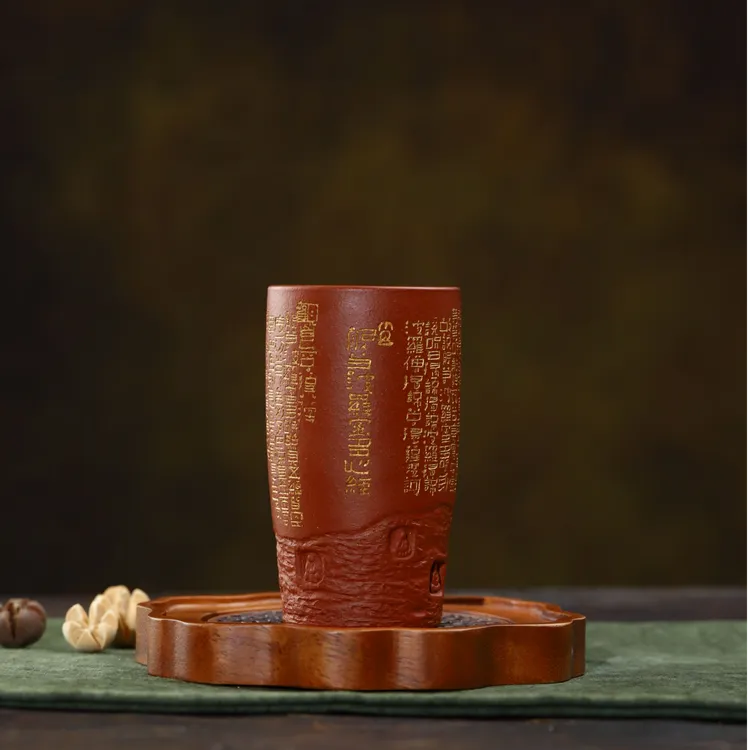 宜兴紫砂 | 原矿红降坡全手工 九斋心经佛窟中式主人杯