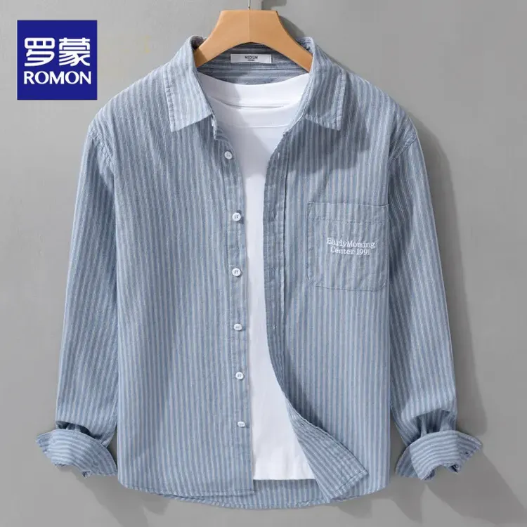 罗蒙日系清新条纹刺绣衬衫男长袖春秋装文艺休闲百搭纯棉上衣男款