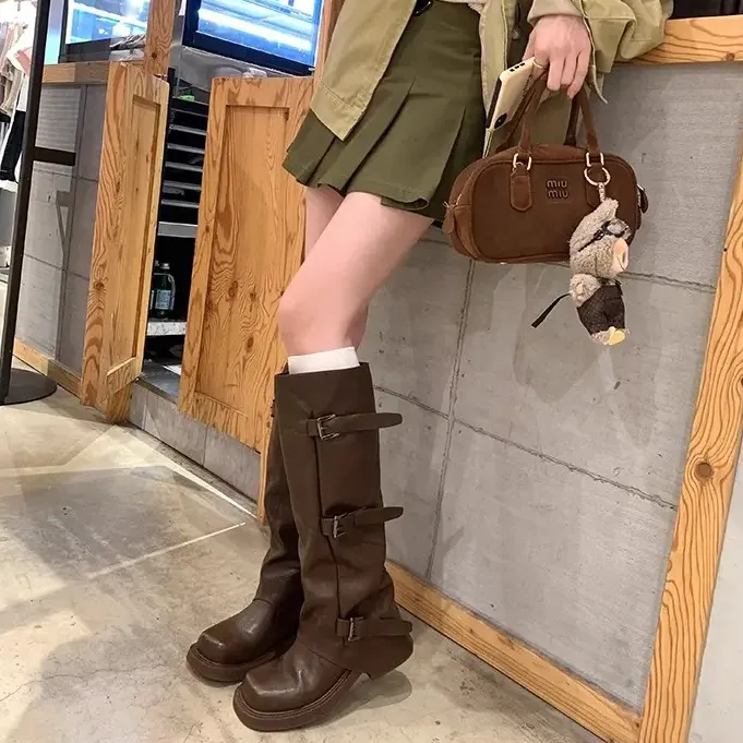 爆款高筒长靴女2025新款秋季西部牛仔堆堆靴骑士靴厚底长筒真皮