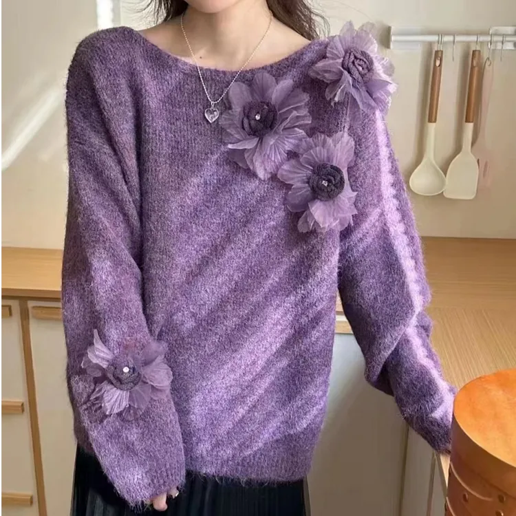 纯色设计感长袖针织衫毛衣打底衫时尚百搭宽松秋冬气质显白