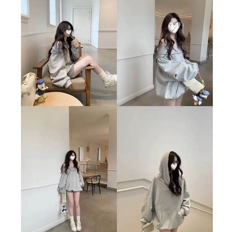 肚困困.见习生/设计感针织一字肩/连帽多穿套头卫衣女