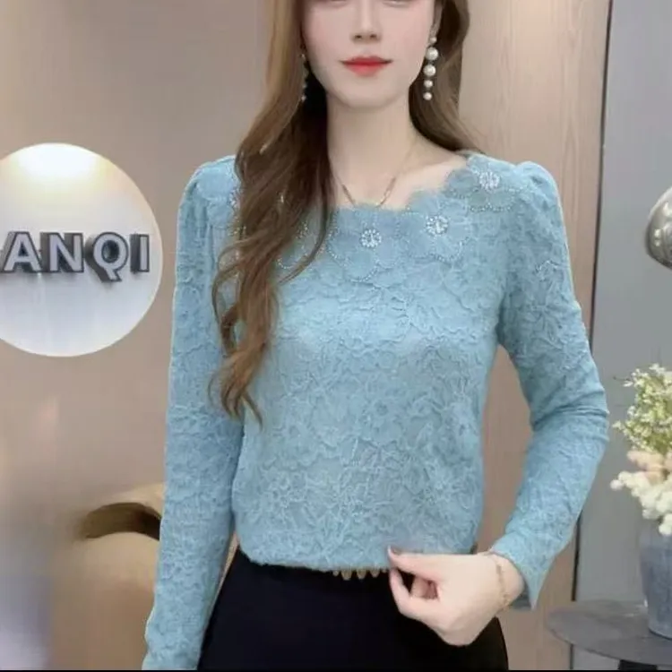 洋气磨毛加绒蕾丝长袖打底冬季新款时尚修身保暖减龄上衣女