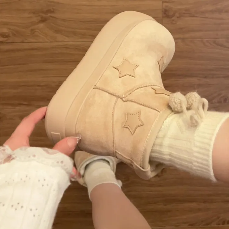 厚底星星雪地靴女2025新款冬季加绒保暖东北大棉鞋圆头防滑毛毛鞋