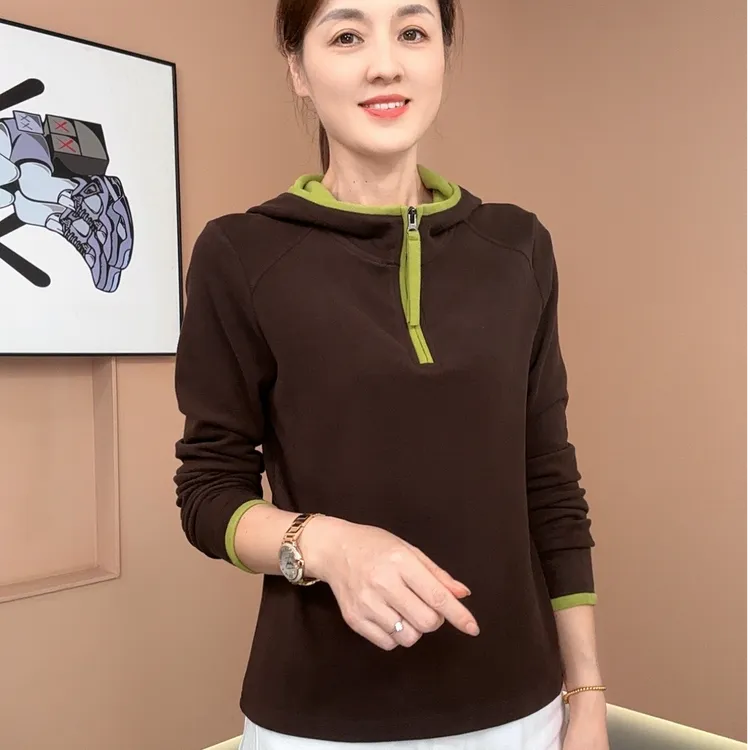 2025秋冬新款女士德绒连帽长袖半拉链卫衣显瘦减龄上衣9252-04