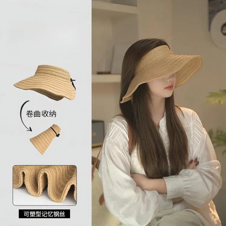 2025夏季新款百搭设计大檐法式可塑形折叠遮阳防晒空顶草帽子透气