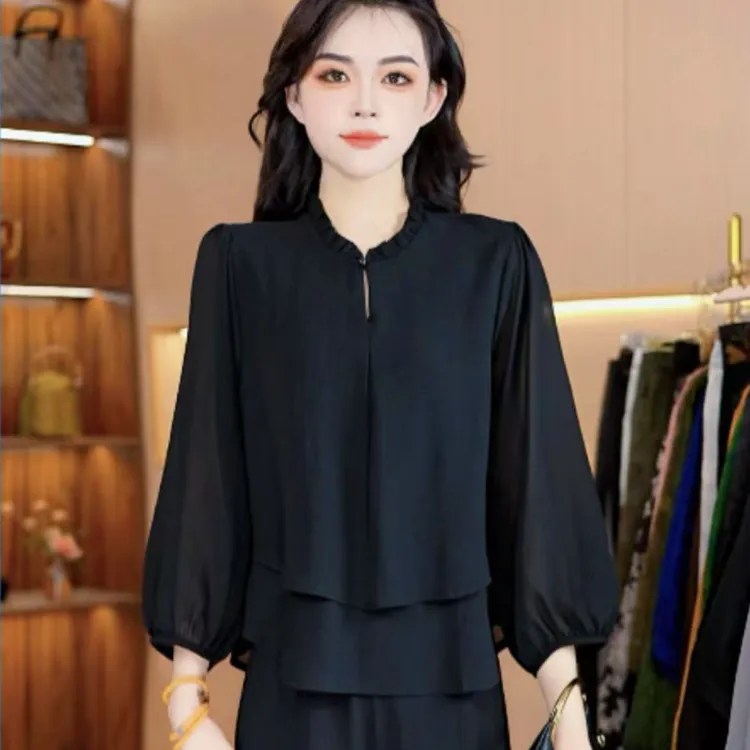 9013#中长款宽松型千金风常规款衬衫女装收腰老钱风松弛感女装