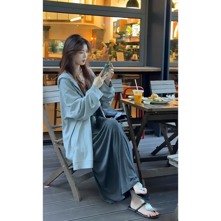 parkyeon韩系慵懒松弛感灰色吊带连衣裙外搭卫衣外套时尚两件套