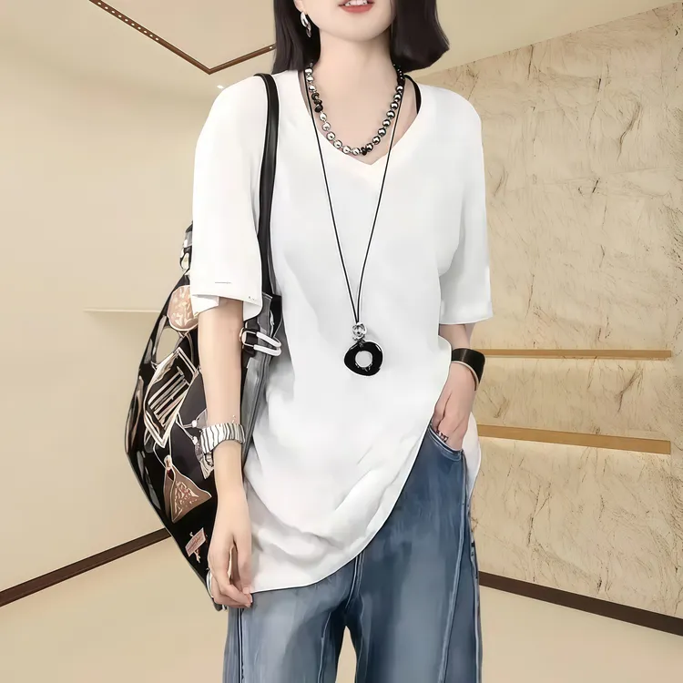 垂坠感休闲干练V领气质T恤2025夏季修身百搭简约宽松大码上衣女