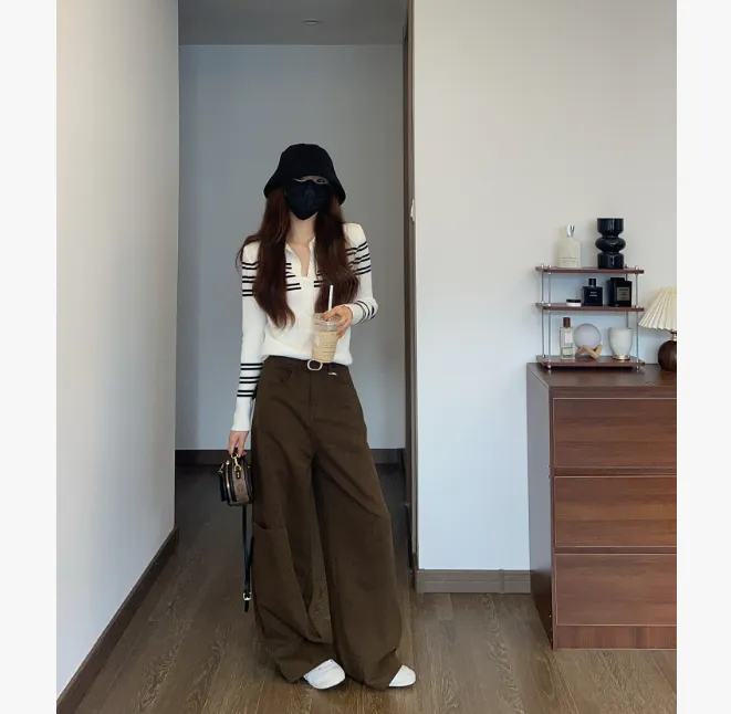 新秋美式复古琥珀色阔腿牛仔裤女设计感宽松多口袋工装裤拖地长裤