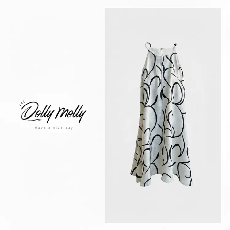 DOLLY&MOLLY抽象艺术线条连衣裙新款夏季设计师法式度假风 359