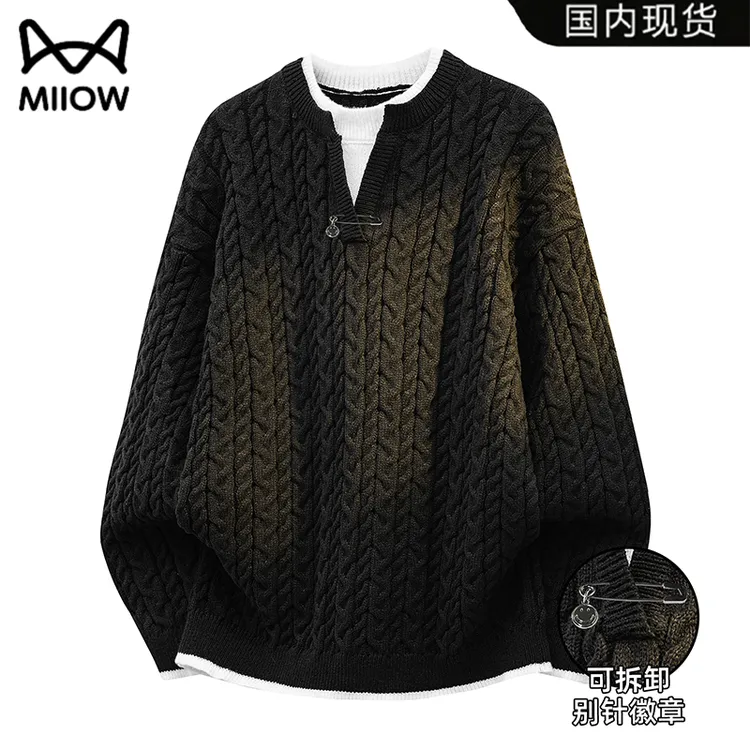 猫人秋冬季亨利领个性别针毛衣时尚提花针织衫潮流简约保暖上衣服
