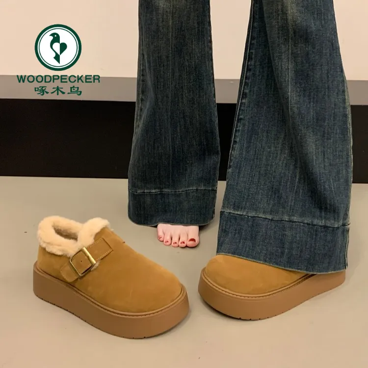 啄木鸟厚底加绒加厚勃肯鞋女2025新款冬外穿毛毛鞋复古保暖雪地靴