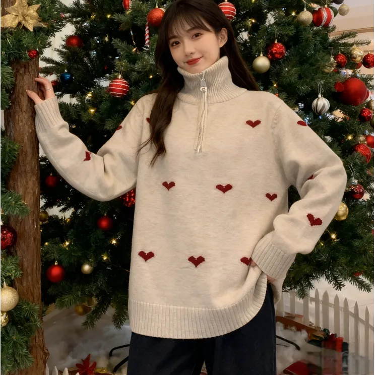 【大码】秋冬新款胖mm大码时尚半开领拉链爱心针织毛衣针织衫衣Q08