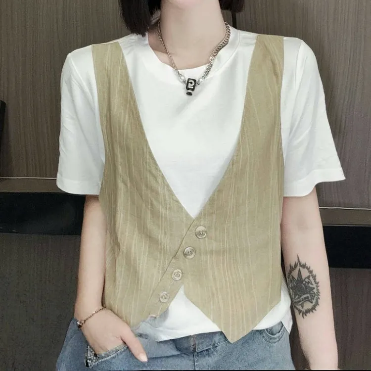 夏季重工假两件设计短袖T恤女2025新款圆领时尚女士修身显瘦上衣