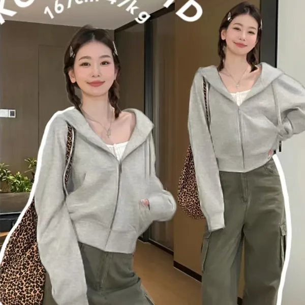 春季灰色连帽卫衣女宽松百搭拉链开衫外套休闲短款小个子上衣潮