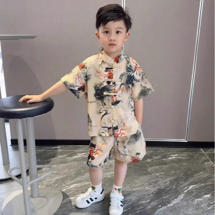 2026新款男宝哪吒衣服夏季汉服儿童礼服新中式国风唐中式短袖套装