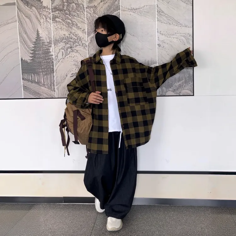 【刘刘妈】2025亲子装春秋新款格子衬衫时尚裤子休闲百搭简约
