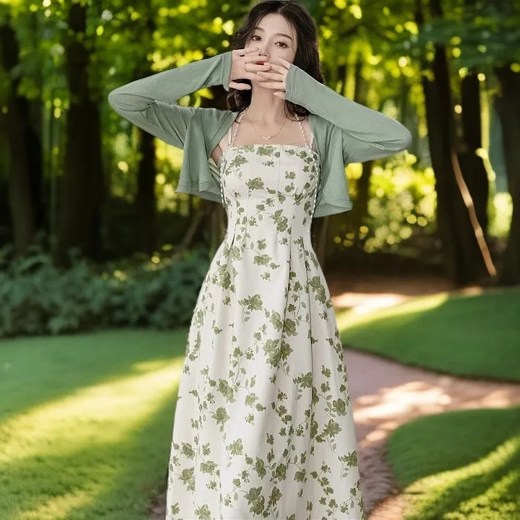 金步康薄荷曼波法式绿色碎花吊带连衣裙夏季开衫两件套欲气质盛夏