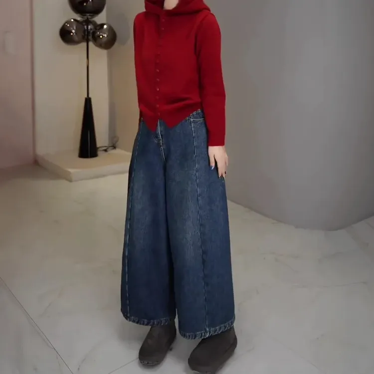 加绒加厚水洗阔腿牛仔裤女2025冬季新款高腰宽松显瘦九分弯刀裤子
