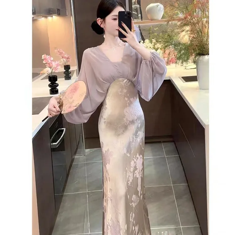 539#新中式国风紫色假两件连衣裙子女2025新款高级感气质收腰长裙