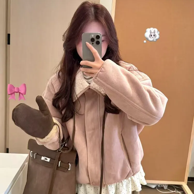 秋冬新款简约韩系翻领时尚美拉德毛绒外套