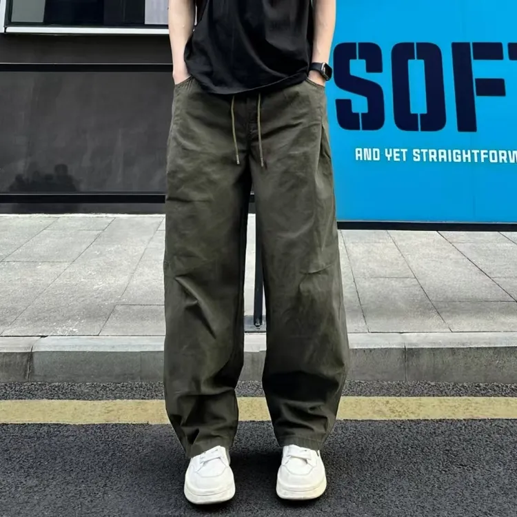 QUALCOMM美式潮流拼接军绿色工装裤男秋季垂感宽松直筒休闲长裤潮