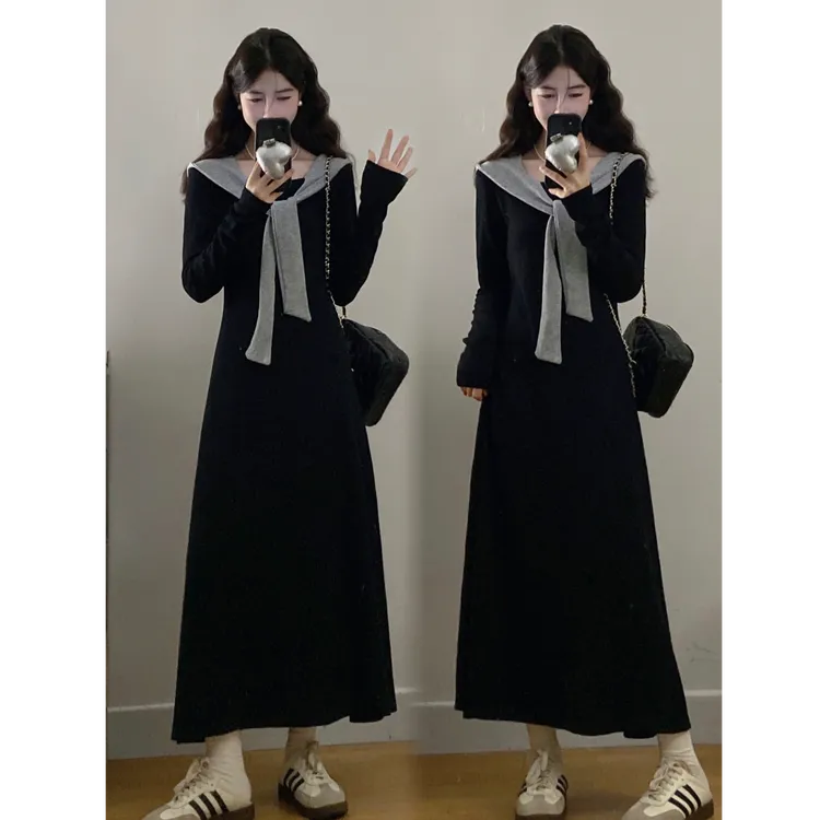 大码新款气质显瘦小清新正肩假两件大领口收腰胖MM卫衣裙