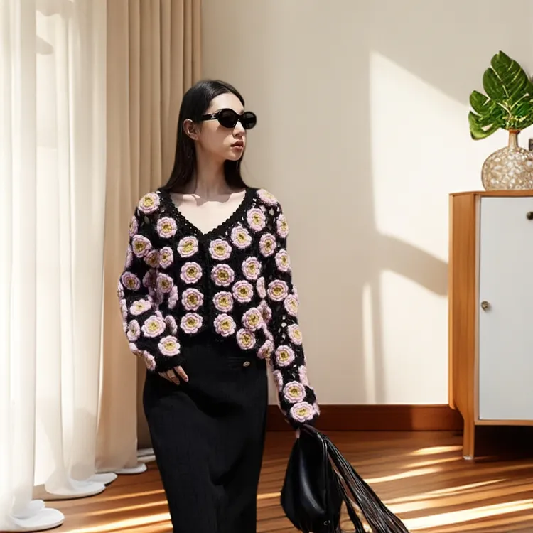 玫瑰花园宽松~多色玫瑰~全手工独特时尚镂空钩花秋冬开衫毛衣外套