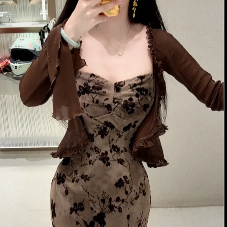 LHMknk1画报夫人原创自制植绒烧花鱼尾步步生莲改良连衣裙 序柔棕