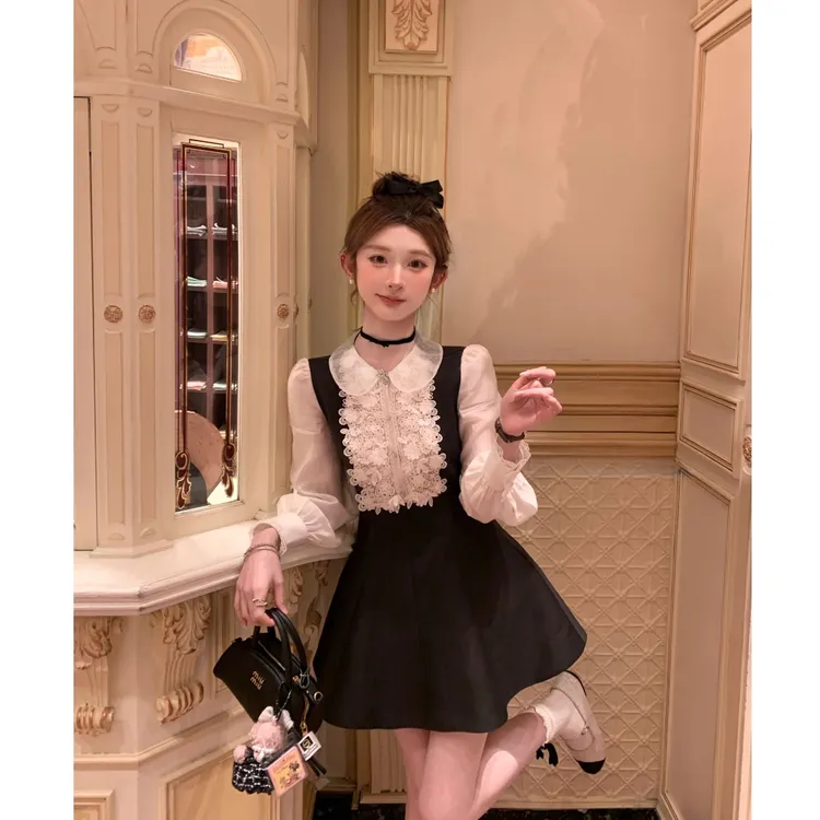 大码女装过年战衣赵露丝同款撞色拼接长袖连衣裙13748