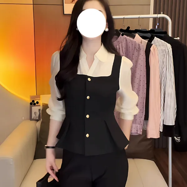 时尚气质设计感POLO领显瘦小衫女秋季新款拼接假两件长袖衬衫上衣