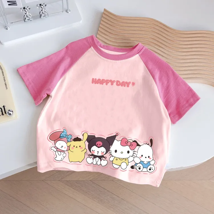 夏季儿童库洛米可爱短袖童装纯棉新款女童卡通印花上衣宝宝插肩袖