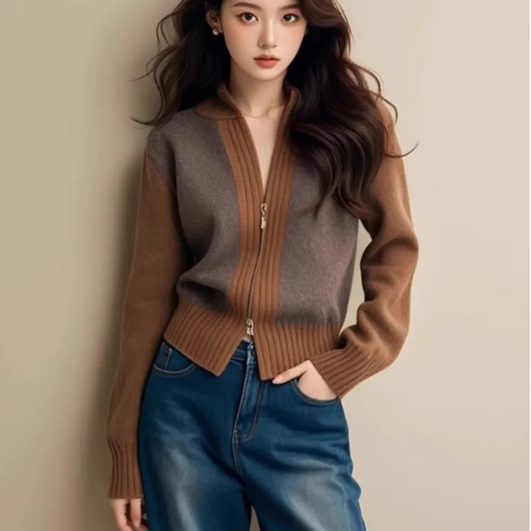 学院风立领针织毛衣双拉链宽松显瘦小个子高端气质外套时尚女装潮