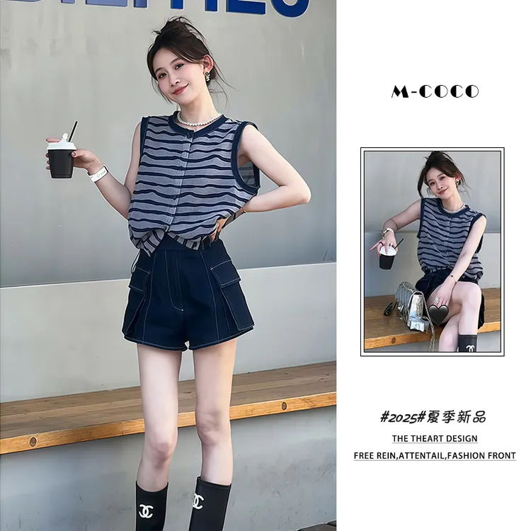 Y622#夏季2025年新款甜酷风条纹无袖上衣搭配显瘦牛仔短裤两件套