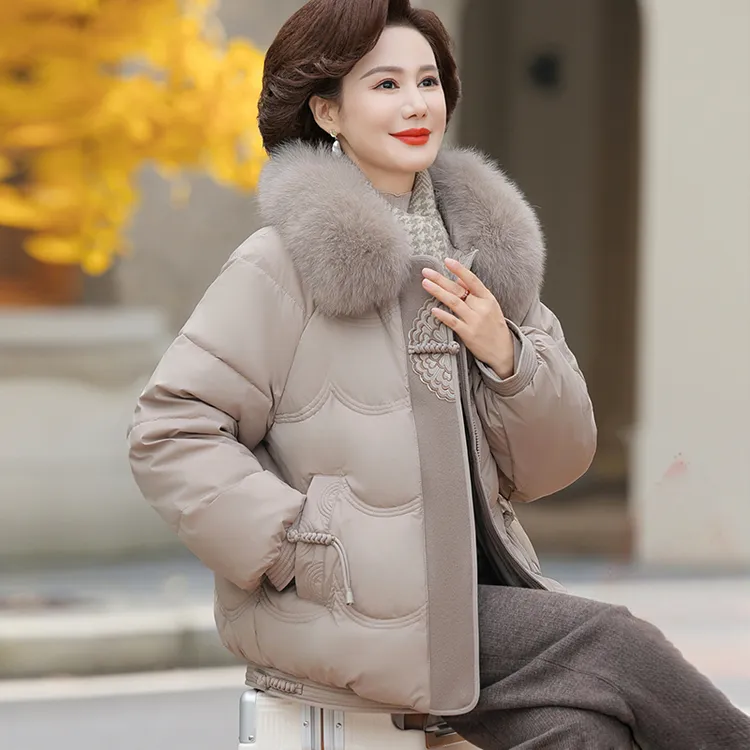 罗蒙中年妈妈冬装棉服新款中老年人女冬季保暖大毛领加厚棉衣外套