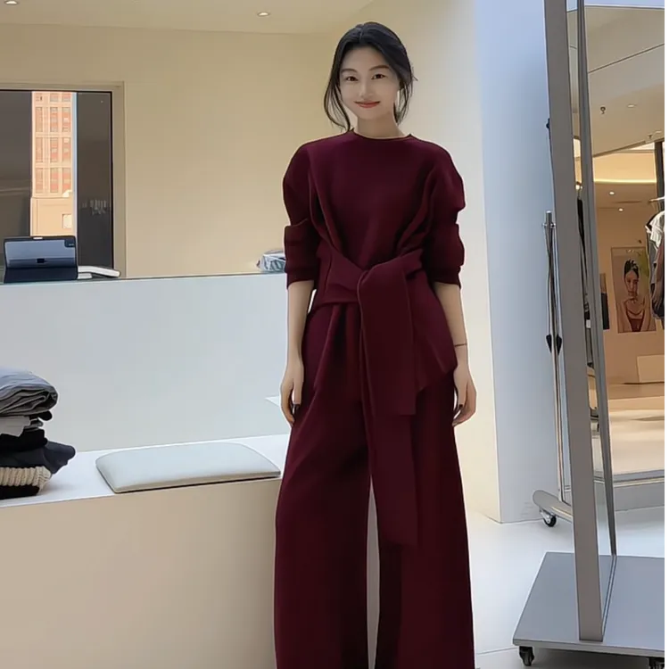韩系设计感慵懒系带套装女2025冬季收腰两面穿上衣显瘦阔腿裤套装