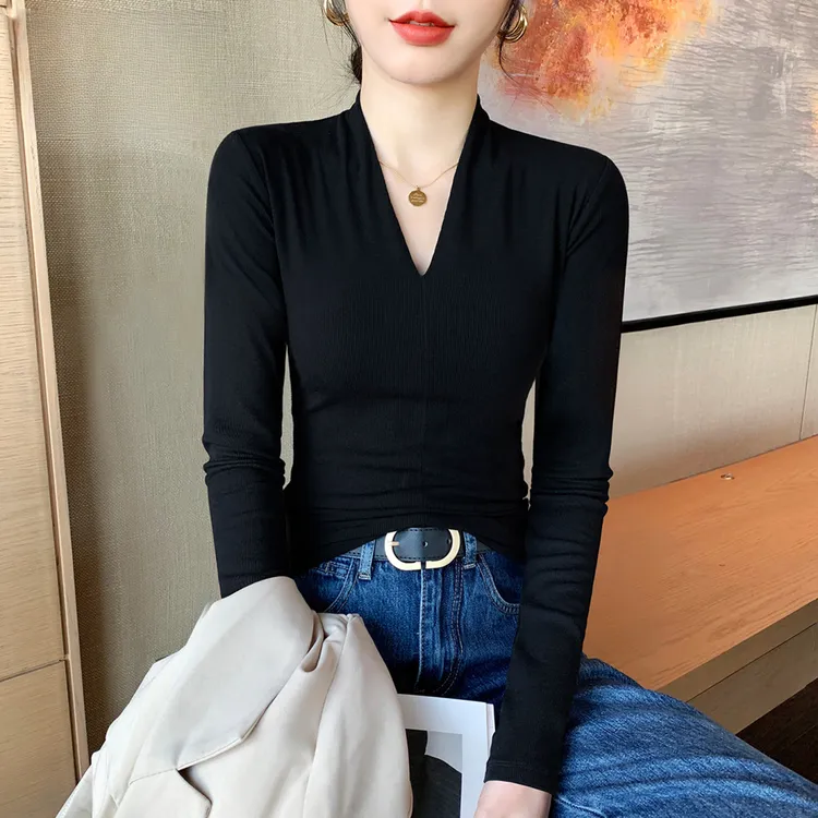 黑色V领打底衫女内搭早秋季高级感长袖正肩T恤设计感小众洋气上衣