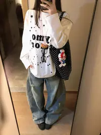 100%纯棉美式印花图案长袖t恤女秋季设计感小众学生慵懒风上衣ins