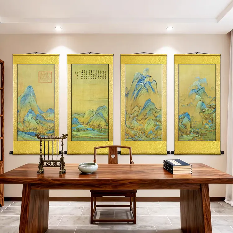 竖版传世名画千里江山图王希孟青绿山水卷轴挂画客厅玄关装饰国画