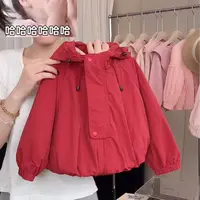 春秋短款女童韩版女冲锋衣户外红色连帽防风休闲
