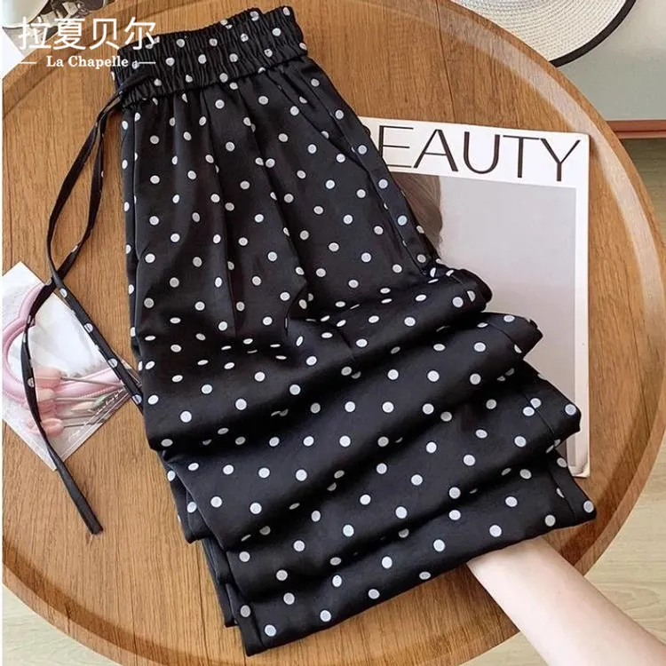 拉夏贝尔波点阔腿裤女夏季薄款宽松洋气高腰休闲垂感直筒显瘦裤子