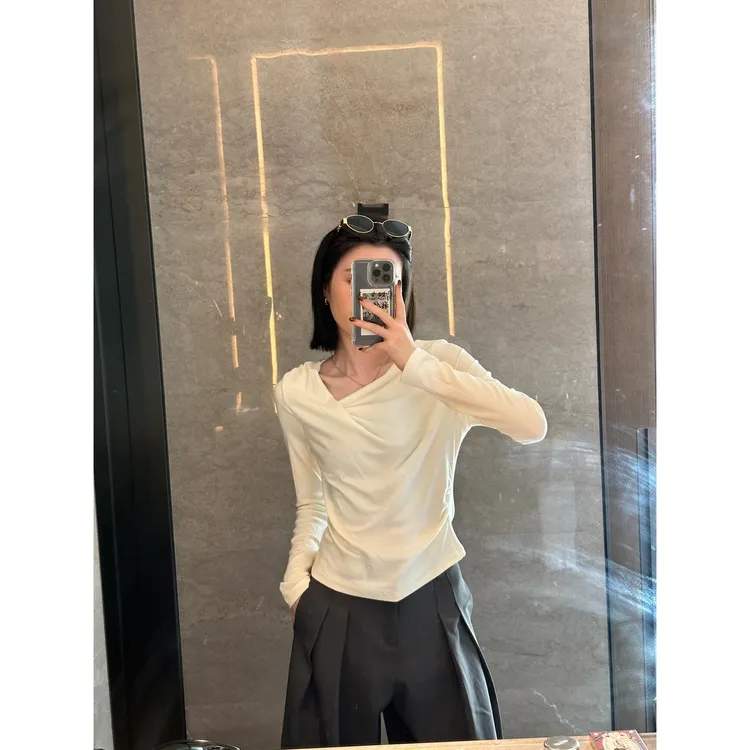 夏珍 不规则荡领一字肩露肩长袖T恤女2025秋纯欲修身时尚斜肩上衣