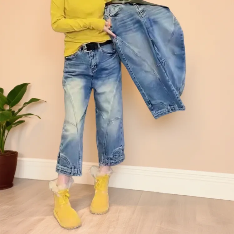 美式拼接加绒八分直筒女歀裤冬季新款流行高腰显瘦潮流百搭牛仔裤