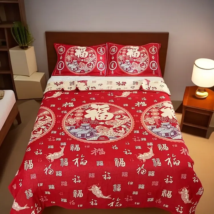 大红色纱布百福床盖四季通用