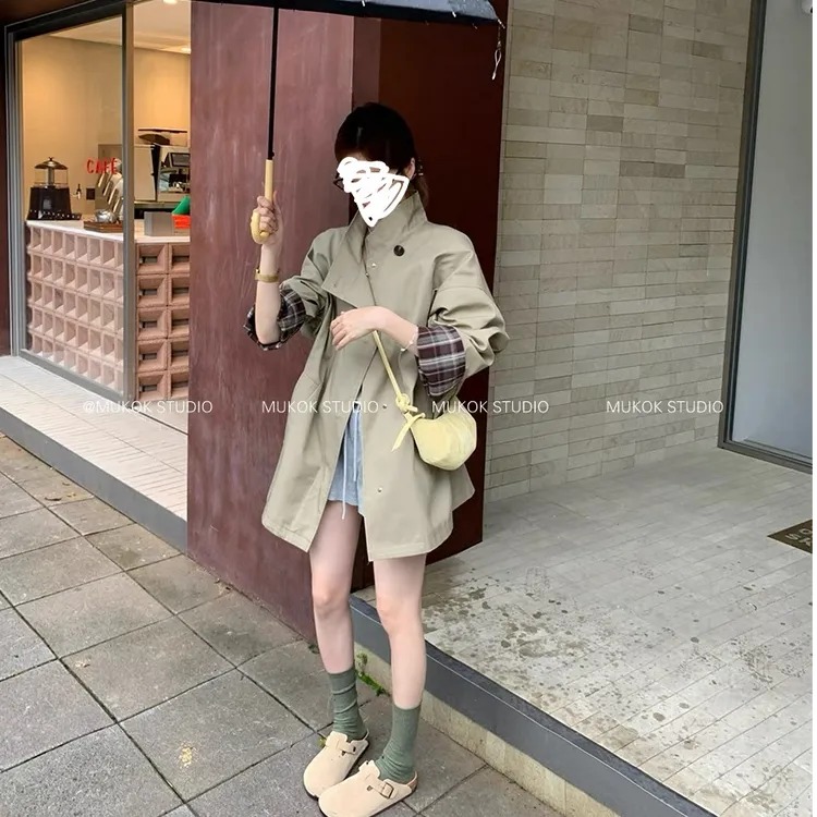 2025秋季琥珀流光色经典撞色英伦显瘦宽松风衣外套008